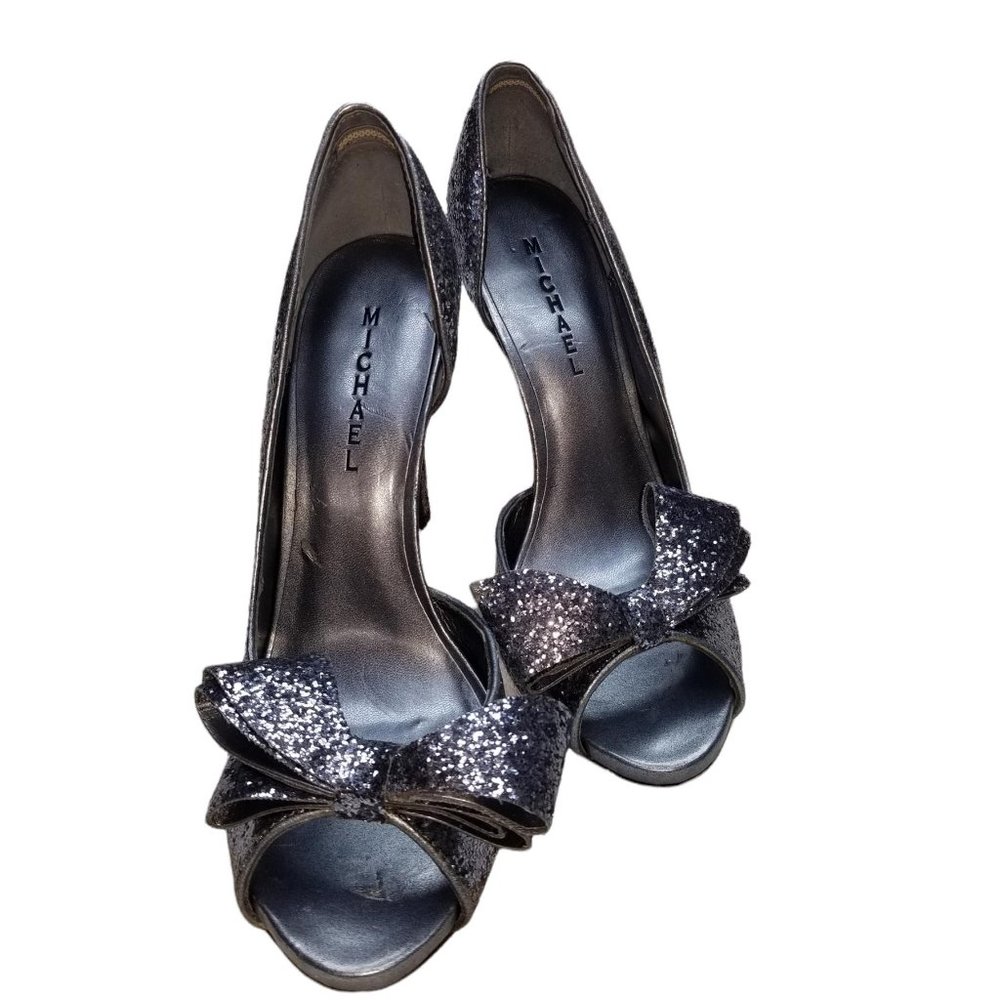 Michael Size 10 Lolita silver glitter bowed high heel pumps with peekaboo toe